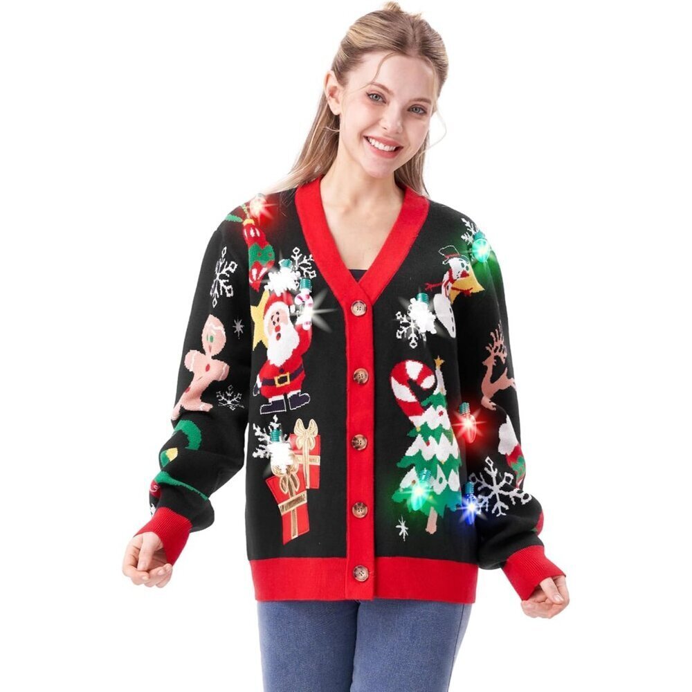 Women Christmas Light Up Sweater V-Neck Ugly Festive Sweater for Holiday Wear